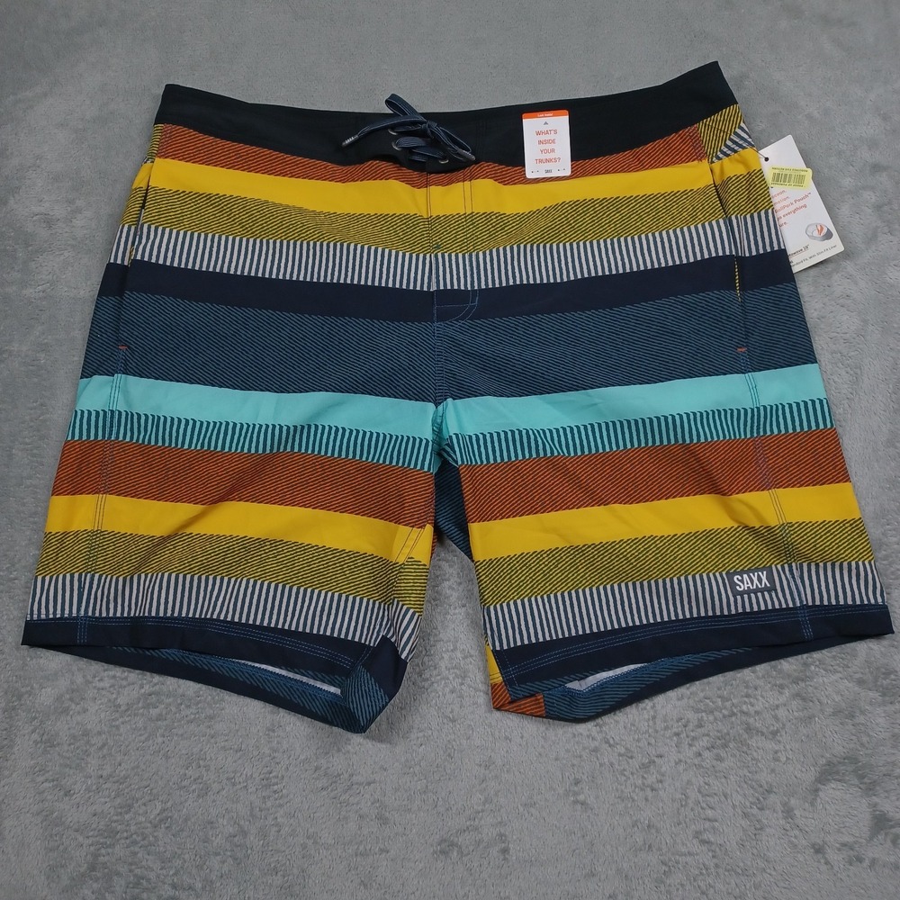 Saxx Swimsuit Mens 38‎ Blue Striped Ballpark Pouch Betawave 2N1 NWT